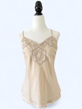 Vintage Beige Linen Embroidered Tank Top Boho Fairy Sequin Lace Camisole